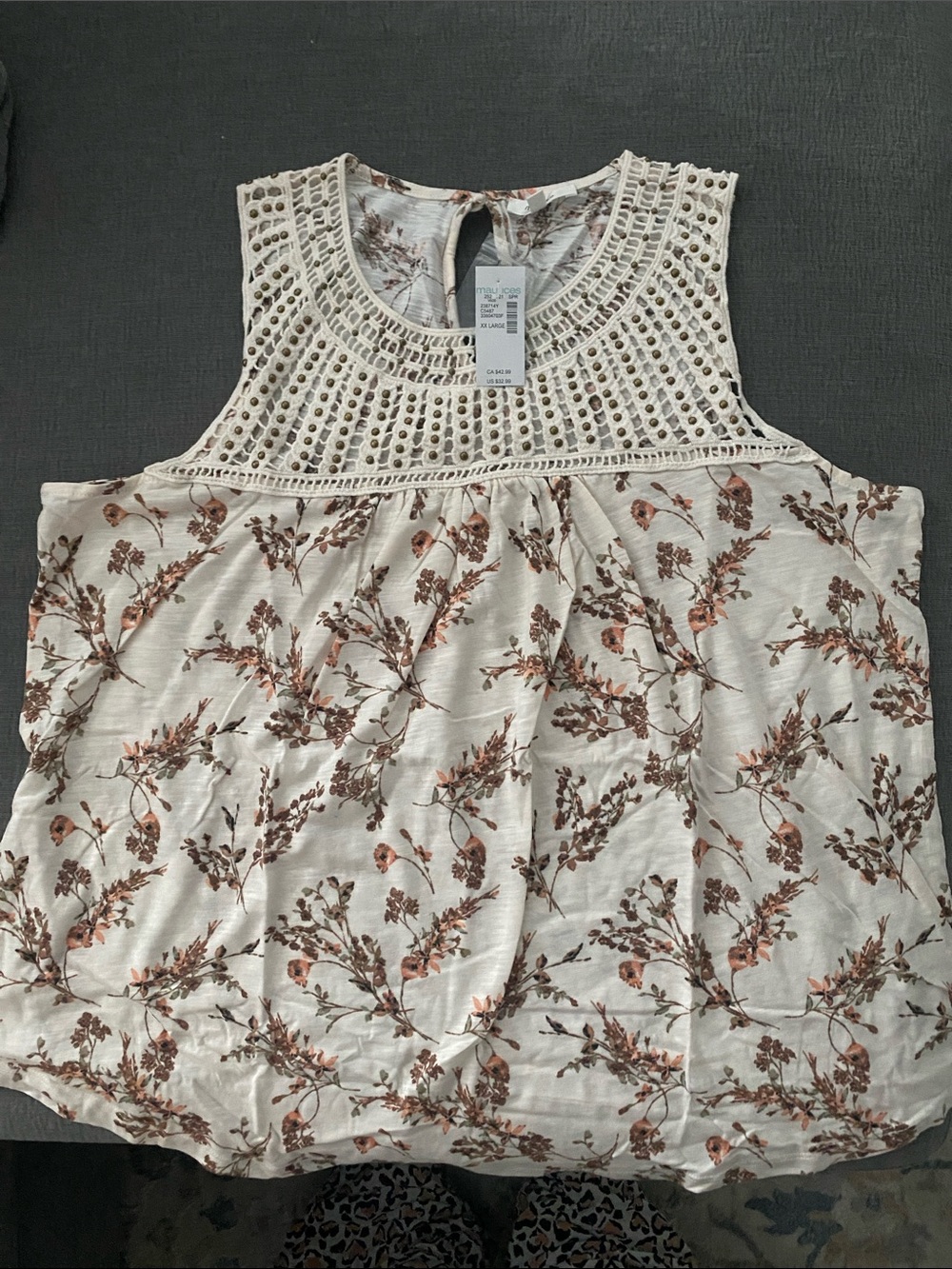 Maurices Cream Tank Top with Brown Floral Print and Crochet Yoke